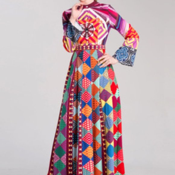 NWT Multicolor A-line Long Slv Printed Maxi Dress - Picture 5 of 10
